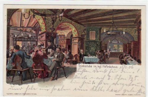 München , Lithographie mit Trinkstube im kgl. Hofbräuhaus gelaufen von 1906. Gute Erhaltung. Hofbräuhaus