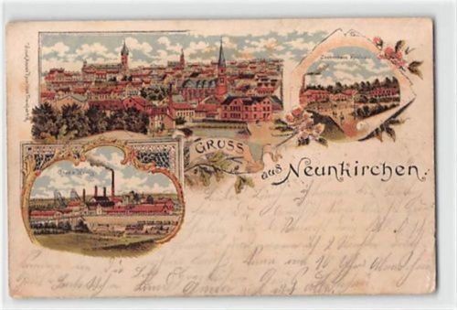 colorierte Lithographie Neunkirchen Grube König Zechenhaus Kohlwald. Feldpost Abschürfungen, kleiner Knick oben links, unten rechts, unten in der Mitte, leicht fleckig