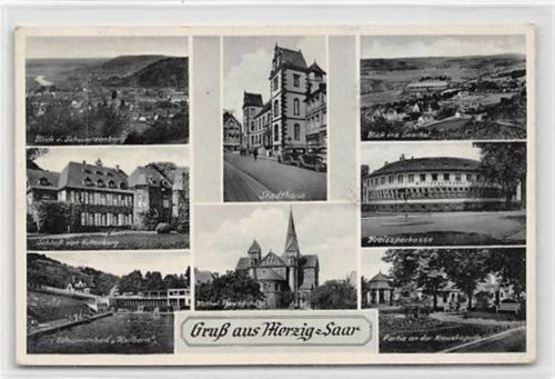 Merzig Merzig. Stadthaus Schloß von Fellenberg Schwimmbad "Hellborn" Blick ins Saartal gelaufen. Leichter Stempeldurchdruck, leichte Eckabschürfungen, kleiner Knick unten rechts und oben links, sonst gut erhalten