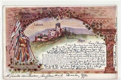 Lahneck, Lithographie mit Burg und letzter Templer gelaufen von 1903. leichte Eckabschürfungen, leicht fleckig, sonst gut erhalten