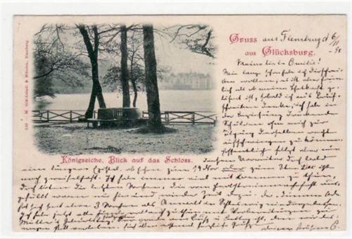 Glücksburg Glücksburg, Königseiche mit Blick auf das Schloss gelaufen, 1898. Ecken mit Albumabdrücken, Rückseite leicht fleckig, sonst gut erhalten