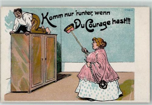 Frau mit einem Besen - Verlag Bruno Bürger u. Ottillie 7384 Ehe Lithographie