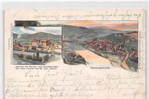 Neckargemünd, Lithographie. Kurhaus gelaufen. Leichter Stempeldurchdruck, leichte Eckabschürfungen, kleiner Knick unten links, sonst gut erhalten