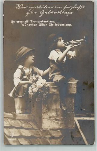 1910 Geburtstag Trompete Kinder auf dem Dach AK