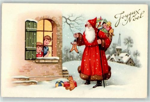 Roter Mantel Spielzeug Teddybär Puppen - Joyeux Noel AK Weihnachtsmann Künstlerkarte