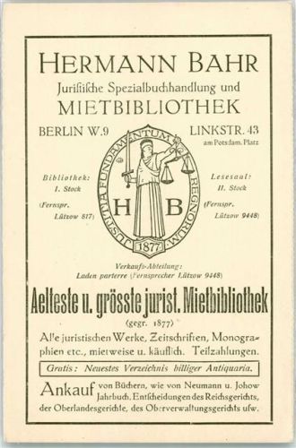 W1000 Berlin Mitte Hermann Bahr Juristische Buchhandlung Jura AK Werbung Druckerzeugnis 1914