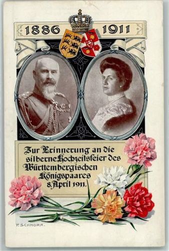 Silberne Hochzeit 1886-1911 des Königspaares, Wappen sign. P. Schnorr AK