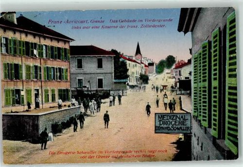 60310 Avricourt 1916 - Medizinal Drogerie Schwaller Kaserne Deutscher Boden Grenze Kirche Feldpost Nr. 124