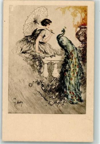 Art Deco Pfau Frau mit Sonnenschirm - Italien Gravur 1785 Hardy, J. 1929