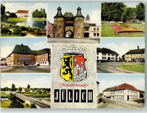 Jülich Hexenturm Teich Wasserfontaine Parkanlage Brücke Wappen