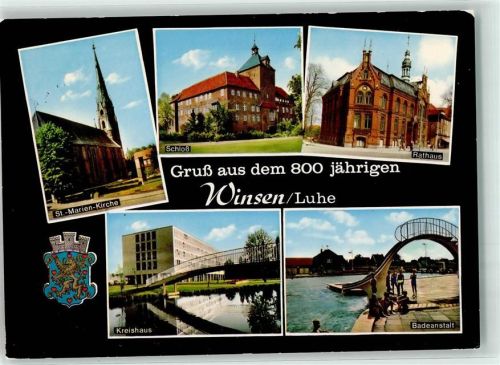 Winsen St. Marien Kirche Schloss Rathaus Kreishaus Badeanstalt Schwimmbad Rutsche Brücke Wappen Löwe Herz Turm