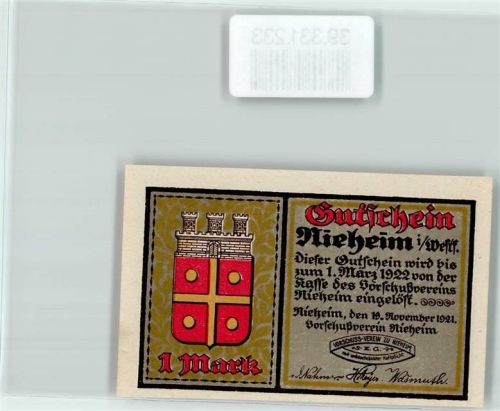 Nieheim Notgeld 1 Mark Wappen Türme Rot Gold Patrizierhaus Richterplatz