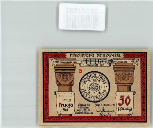 Frose Notgeld 50 Pfennig Klosterkirche Mönchs- und Nonnenkloster