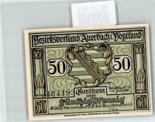 Auerbach Notgeld Gutschein 50 Pfennig Scherenschnitt