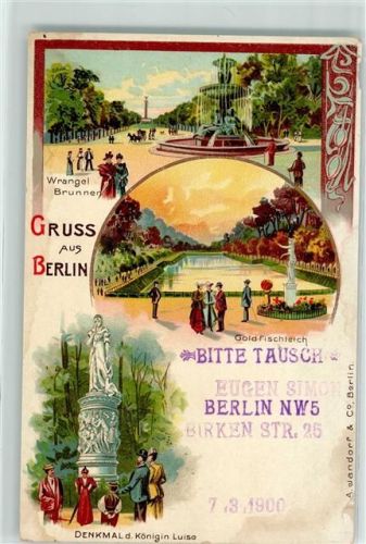 Kreuzberg 1900 Wrangel-Brunnen Goldfischteich Denkmal Königin Luise Lithographie