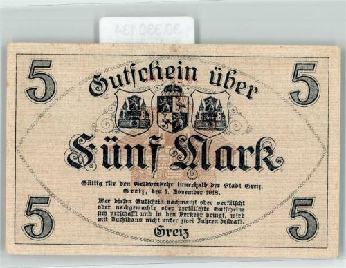 Greiz 1918 Notgeld Gutschein über 5 Mark Nr. 28595 Schloss Greiz