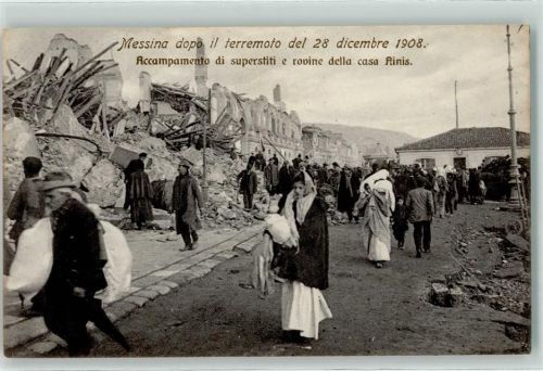 Messina 1908 Erdbeben vom 28. 12.1908 Accampamento di superstiti e rovine della casa Ainis