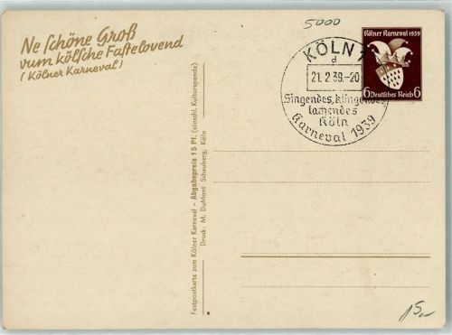 Köln Stadt Sonderstempel Karneval 1939 Festpostkarte
