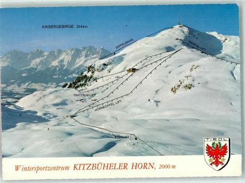 Kitzbühel Fliegeraufnahme Wintersportzentrum Kitzbüheler Horn 2000 m Kaisergebirge Gipfelbahn Lift Wappen Adler Rot