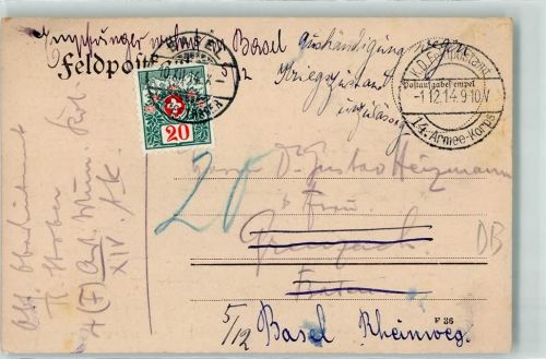 1914 K. D. Feldpostexp. 14. Armee-Korps Nachporto 20 Rappen