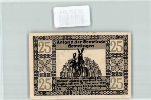 Hemdingen Notgeld 25 Pfennig Hase Eichhörnchen