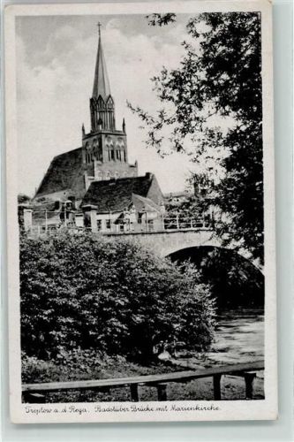 Treptow Badstüber Brücke mit Marienkirche WKII Stempel