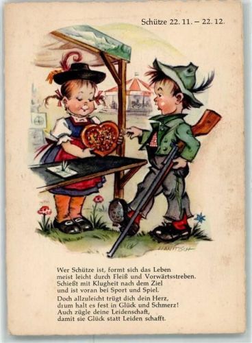 sign.Hanitzsch Schütze Kinder Tracht Gewehr Spruch Nr.642