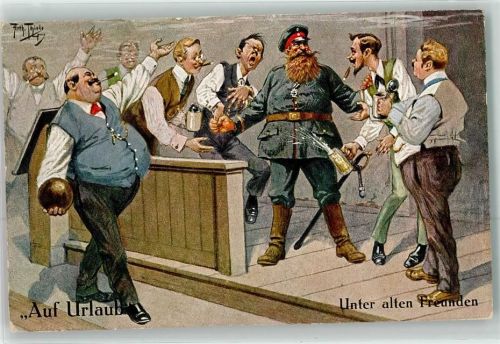 1916 Auf Urlaub Unter alten Freunden Bierkrug Bowling Feldpost25 Inf.Div.