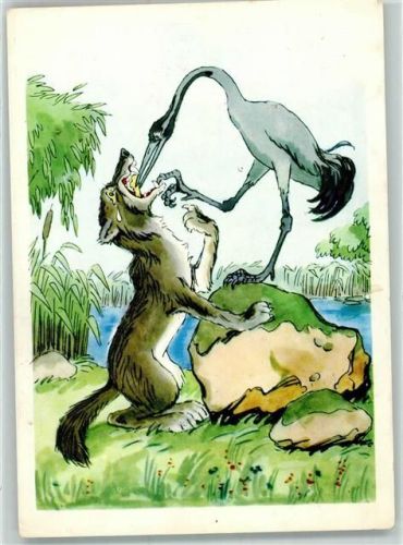 Fabel Der Wolf und der Kranich von A.Krylov sign.A.Bazhenov