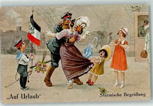 1916 Auf Urlaub Stürmische Begrüßung Eisenbahn Fahne Kinder Feldpost Leibregt. Nr.117