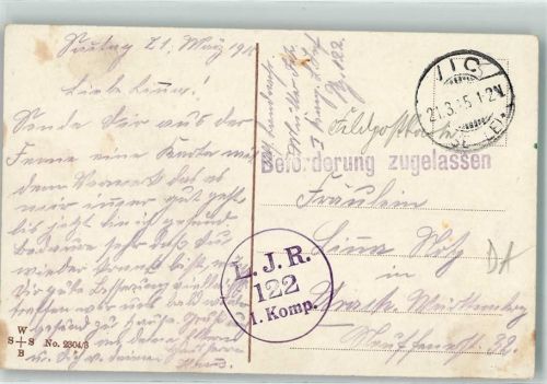 L.J.R. 122 1. Komp. Beförderung zugelassen Feldpoststempel WK I 1915