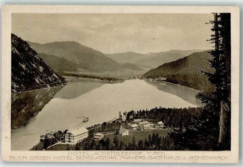 Achenkirch Hotel Achenseehof Blick gegen Hotel Scholastika Mayer`s Gasthaus und Achenkirchen Dampfer