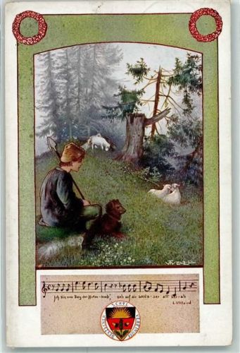 1913 sign. F.Welzl Liederkarte Nr.19 Ich bin vom Berg der Hirtenknab Hund Schafe Deutscher Schulverein Nr.98