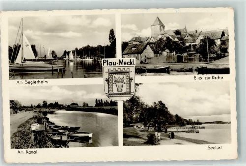 Plau am Seglerheim Blick zur Kirche am Kanal Seelust Wappen