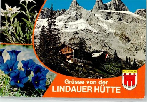 Lindauer Hütte 1763 m Drei Türme Grüsse Wappen Vorarlberg Blumen Fahne Rot Weiß Hüttenstempel nur Scan beschnitten