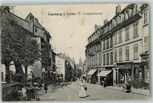 Sarrebourg 1916 Langestraße Geschäfte Kinder Frau Korb Saarburger Zeitung Buch Papier Handlung Uhr Kirche Feldpost Nr.123