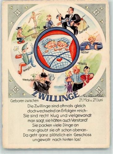 sign. Müller Zwillinge mit den Eigenschaften unbeständig überlegend reizbar vielseitig unentschlossen beweglich Verlag Lengauer Nr. 1277