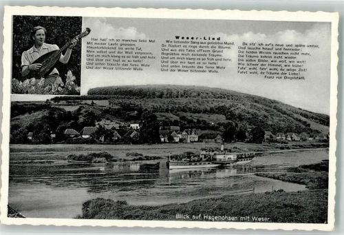 Hagenohsen mit Fahrgastschiff auf der Weser Weserlied Mandolinenspielerin