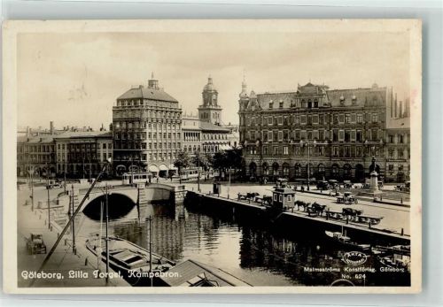 Göteborg Lilla Torget Kämpebron Tram Denkmal Brücke Boot Auto Pferdewagen