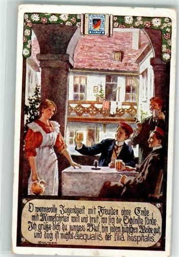 sign. Kutzer Studenten flirten mit der hübschen Kellnerin Bund der Deutschen in Niederösterreich Karte Nr. 39 Schulvereinähnliche 1915 Künstlerkarte