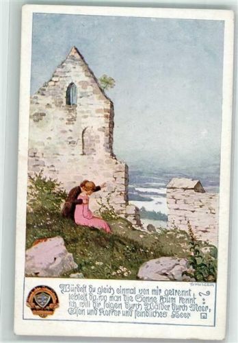 sign. Kutzer Mann und Frau sitzen eng beieinander in alter Ruine Bund der Deutschen in Niederösterreich Karte Nr. 71