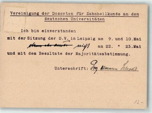 Telegramm Vereinigung der Dozenten für Zahnheilkunde Deutscher Universitäten
