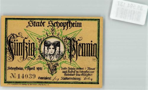 Schopfheim 1921 Schwarzwaldtracht 50 Pfennig Blashorn Wappen Der Wächterruf sign. J.P. Hebel