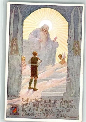 sign. Kutzer Der Herrgott mit Engeln spricht zu einem Mann Bund der Deutschen in Niederösterreich Rosegger-Karte Nr. 51