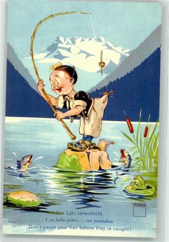 Appenzeller Tracht Junge angelt Fische Frosch Serie Nr. 11
