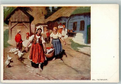 sign. Tetmajer Bäuerinnen in Tracht auf dem Weg zum Wäsche waschen