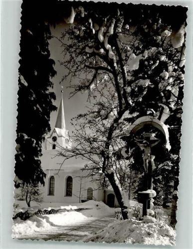 Simmerberg Kirche Wegekreuz Flurkreuz Winter Schnee Ort handschriftlich Foto Original aus Archiv eines Ansichtskartenverlags
