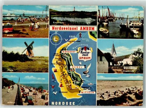 Amrum Windmühle Wittdün Hafen Inselkirche Norddorf Leuchtturm Stilisierte Landkarte Verlag Lagerbauer & Co.