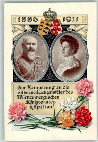 1886 - 1911 sign. Schnorr P. Erinnerung a.d. silber Hochzeit d. Württembergischen Königspaares 8.4.1911 Wappen Nelken