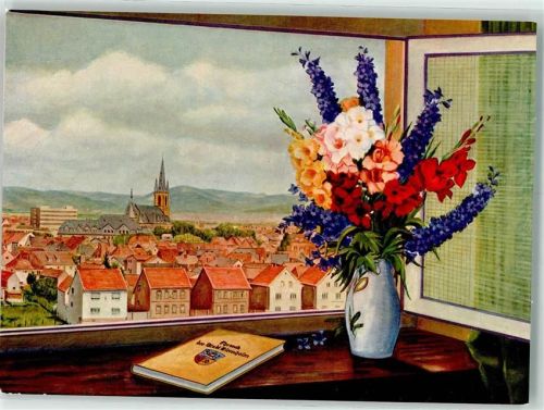 Viernheim sign. Bugert Fensterblick mit Kreuzstraße und Apostelkirche
